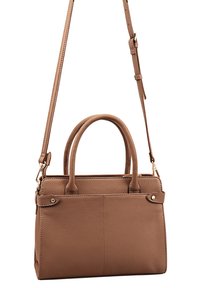 Bruine neplederen handtas met dubbele handvatten en een verstelbare schouderriem. Heeft een gestructureerde vorm, een gladde textuur en gouden hardware.