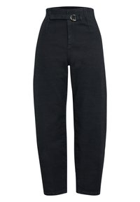 Zwarte high-waisted broek met een riem met een ronde gesp, rechte pijpen en een soepele denim textuur.