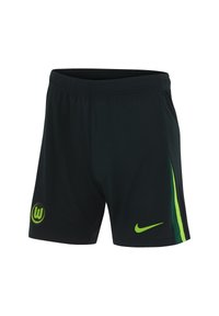 Shorts de sport noirs fabriqués dans un matériau léger. Dotés d'accents et de logos verts fluo, avec une taille élastique pour plus de confort.