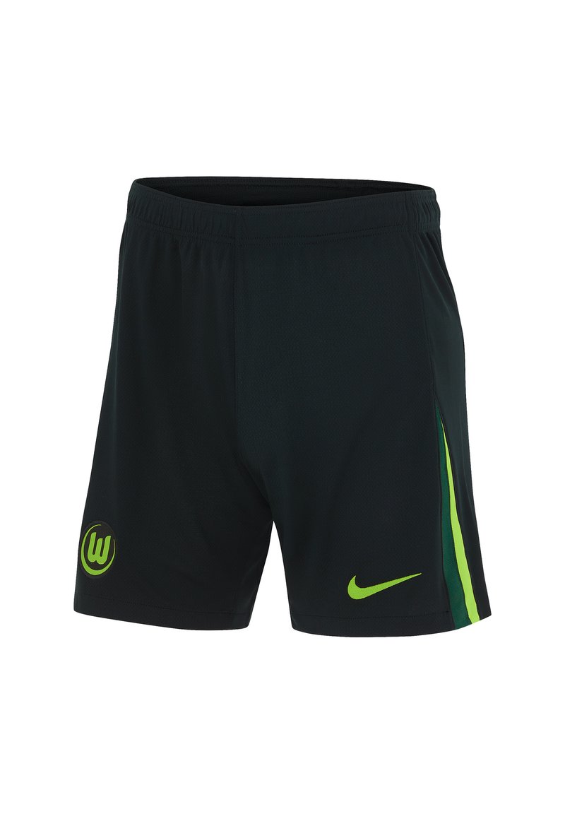 Shorts de sport noirs fabriqués dans un matériau léger. Dotés d'accents et de logos verts fluo, avec une taille élastique pour plus de confort.