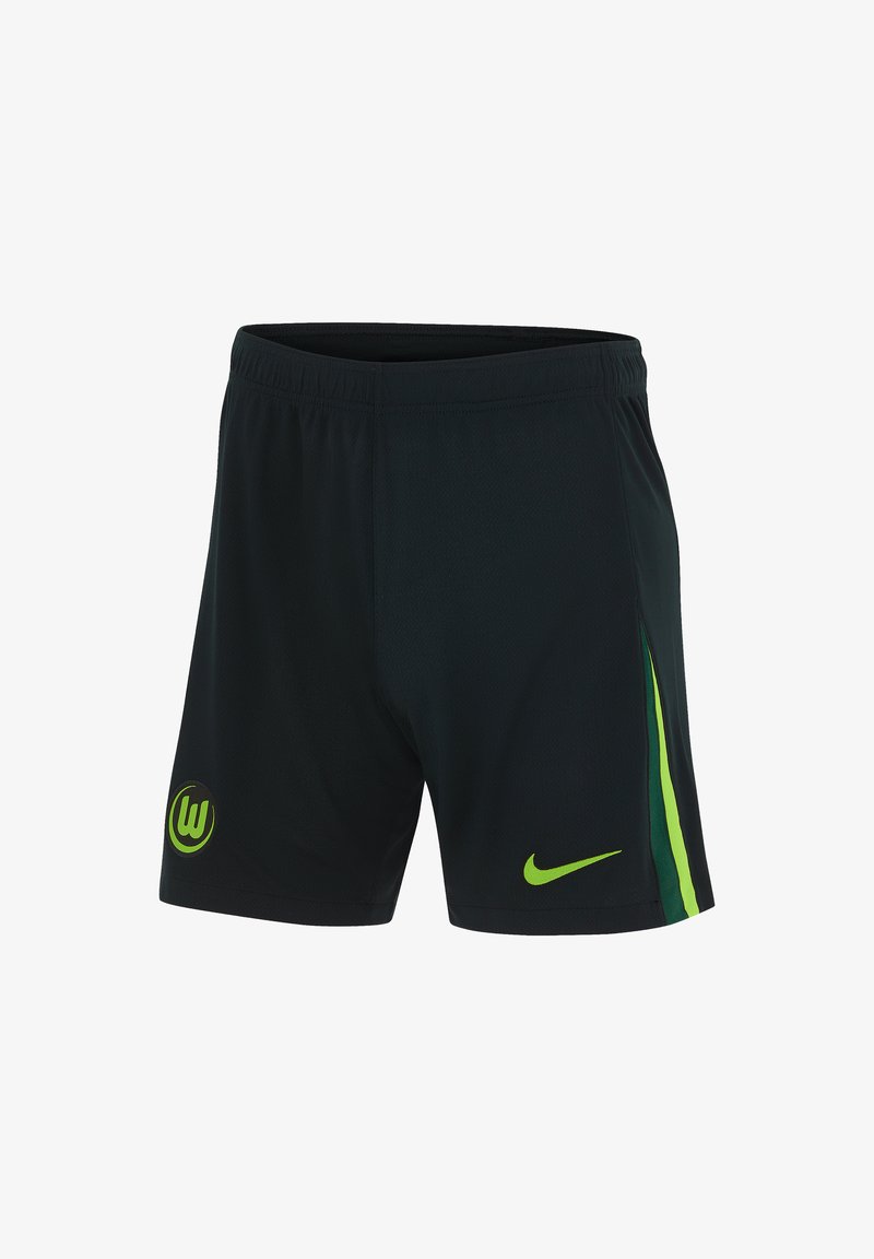 Shorts de sport noirs fabriqués dans un matériau léger. Dotés d'accents et de logos verts fluo, avec une taille élastique pour plus de confort.