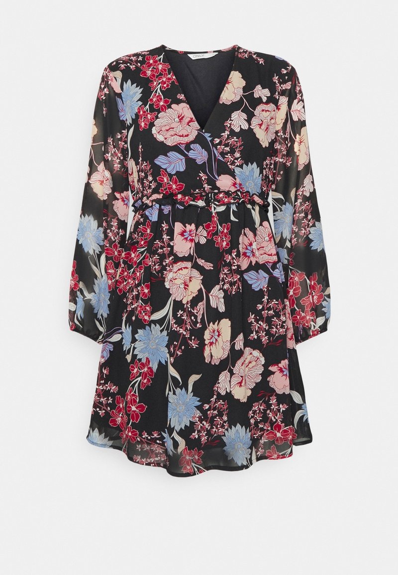 Blommig klänning i genomskinligt svart tyg. Har långa ärmar, V-ringning och figursydd midja med ett bälte. Färgerna inkluderar röda, rosa och blå blommor.