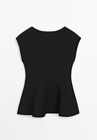 Černý dámský top bez rukávů s rozšířeným lemem a kulatým výstřihem, zobrazený natažený na bílém pozadí.