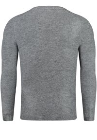 Grauer Strickpullover mit langen Ärmeln, rundem Halsausschnitt, geripptem Saum und glatter Textur. Hat ein einfarbiges Design ohne sichtbare Muster.