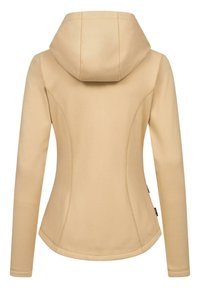 Chaqueta beige con capucha, de mangas largas, diseño ajustado y costuras visibles. Textura suave sin patrones, adecuada para un uso casual.