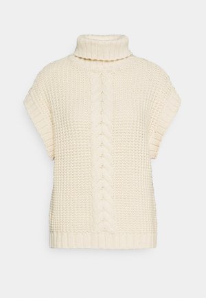 Cremefarbener, ärmelloser, gestrickter Rollkragenpullover mit Knotenstrickmuster in der Mitte und gerippten Kanten an Ärmeln und Saum.