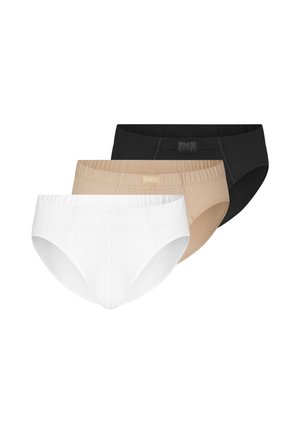 Trois paires de slips pour hommes en blanc, beige et noir, disposées en couches sur un fond blanc.