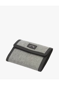 Grijs stoffen portemonnee met zwarte rand, vouwontwerp, heeft een gestructureerde oppervlakte en een klein logopatch aan de voorkant.