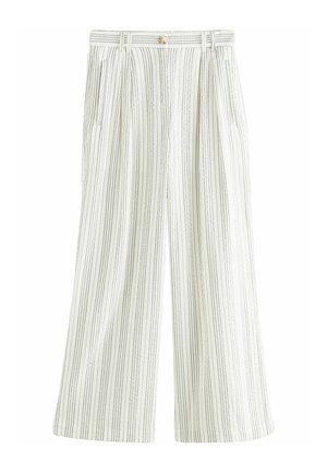 Pantalons à larges jambes en tissu crème clair avec des rayures verticales noires. Comprend des plis à la taille et une fermeture à bouton.