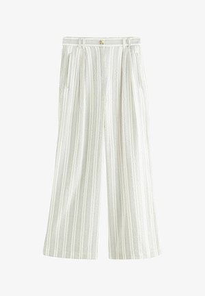 Wide-leg trousers in light cream fabric with vertical black stripes. Features pleats at the waist and a button closure.