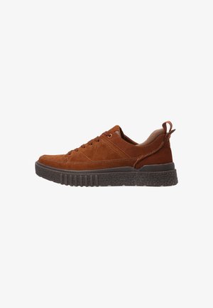 Brown suede sneaker with a textured black rubber sole, lace-up design, reinforced toe, and a pull tab at the heel for easy wear.
