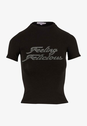 Czarna koszulka krótki rękaw z wysokim dekoltem, ozdobiona tekstem z dżetami "Feeling Flicious" z przodu. Miękki materiał.