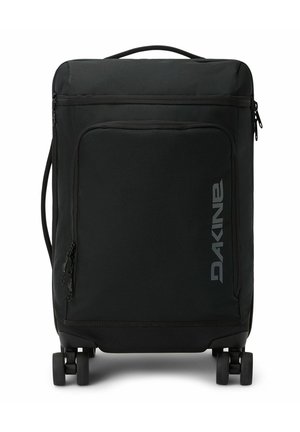 Valigia nera con una tasca frontale con zip, manico robusto e due ruote. Realizzata in tessuto resistente con un marchio discreto.