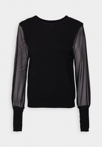 Pullover nero con corpo in maglia e maniche lunghe in rete trasparente. Collo rotondo e polsini a costine. Design semplice senza motivi visibili.
