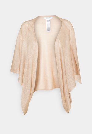 Třpytivý nahý kimono stylu wrap, vyrobený z jemné, lehké tkaniny s otevřeným předním dílem, širokými rukávy a volným střihem. Štítek na výstřihu.