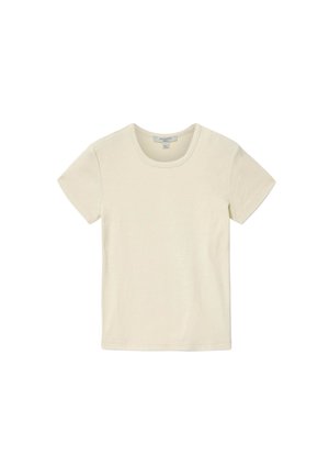 Cream-colored short-sleeve cotton t-shirt with a round neckline, laid flat on a white background.