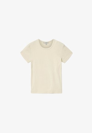 Cream-colored short-sleeve cotton t-shirt with a round neckline, laid flat on a white background.