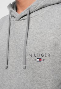Grey hooded sweatshirt made of soft fabric, featuring a logo with "HILFIGER" text and a small red, white, and blue flag detail.