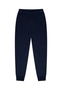 Marineblaue, weiche Sweatpants mit einem elastischen Bund und gerippten Bündchen an den Knöcheln. Glatte Textur, keine sichtbaren Muster oder Metallteile.