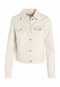 Beige denimjakke med krave, frontlommer, sølvknapper og cropped design. Glat tekstur med synlige sømdetaljer.