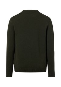 Ciemnozielony sweter z dzianiny z okrągłym dekoltem, prążkowanymi mankietami i dołem. Gładka faktura, klasyczny krój, bez widocznych wzorów.