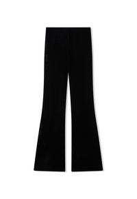 Czarne spódnice w kształcie dzwonów wykonane z gładkiego, błyszczącego materiału, z szerokimi nogawkami i wysokim stanem. Proste, czyste linie bez wzorów.