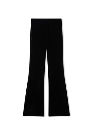 Pantaloni neri a zampa d'elefante realizzati in tessuto liscio e lucido, con design a gamba larga e vita alta. Linee semplici e pulite senza motivi.