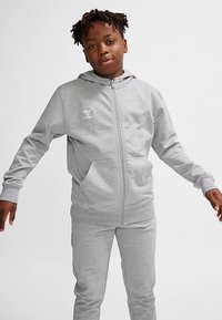 Sweat à capuche gris zippé et pantalon assorti en tissu doux, avec un petit logo blanc sur la poitrine et des poches avant.