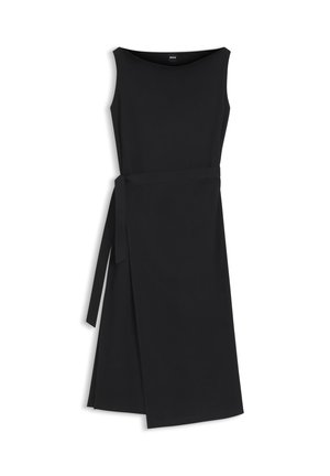 Sleeveless black midi dress with boat neckline and side tie belt, featuring a wrap-style skirt panel.