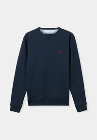 Marineblauwe crewneck sweatshirt van katoen, met een klein rood logo op de borst, ribgebreide manchetten en zoom en een gladde textuur.