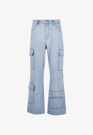 Jasnoniebieskie spodnie cargo z szerokimi nogawkami, wieloma bocznymi kieszeniami i zapięciem na guzik z przodu. Wykonane z tkaniny denimowej.