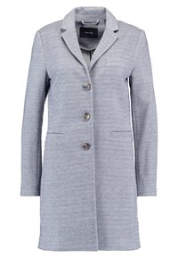 Manteau gris texturé avec un col cranté, quatre boutons et deux poches latérales. Design sur mesure avec une coupe droite et un motif subtil.