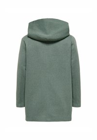 Manteau vert texturé avec capuche, manches longues et coupe droite. Tissu lisse, détails minimalistes et aucune fermeture visible à l'arrière.