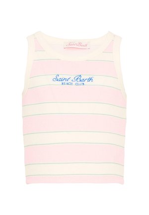 Crop top sans manches rayé rose et blanc avec l'inscription "Saint Barth Beach Club" brodée en bleu sur la poitrine.