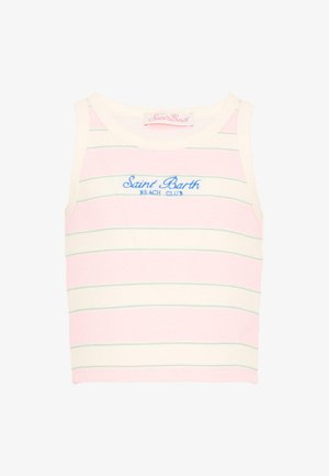 Crop top sans manches rayé rose et blanc avec l'inscription "Saint Barth Beach Club" brodée en bleu sur la poitrine.