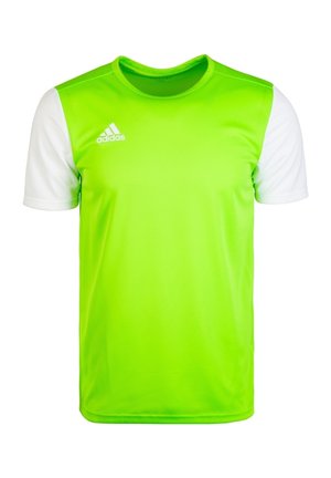 Kortærmet træningstrøje med lysende grøn foran og bagpå, hvide ærmer, rund hals og hvid Adidas-logo på brystet.