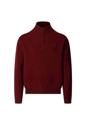 Burgundy sweater with a high collar and quarter-zip closure. Made of soft knit material with ribbed cuffs and hem. Minimal branding detail.