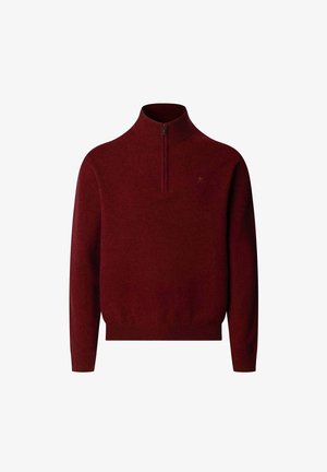 Burgundský sveter s vysokým golierom a štvrťzipom. Vyrobený z mäkkého pleteného materiálu s rebrovanými manžetami a lemom. Minimálne detaily brandingu.