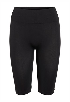 Fekete, rugalmas kerékpáros sort széles gumis derékrésszel, amely a kényelmet szolgálja. Simább textúrával és térdhez érő szabással rendelkezik.