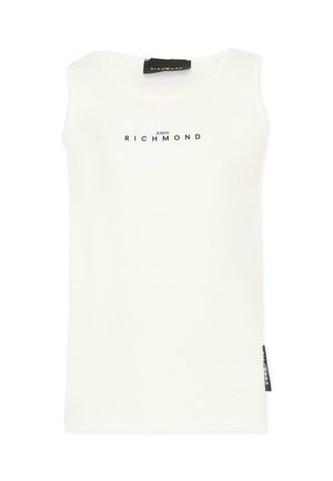 Canotta bianca con la scritta "John Richmond" stampata in nero sul petto e un'etichetta nera al collo e nella cucitura laterale.