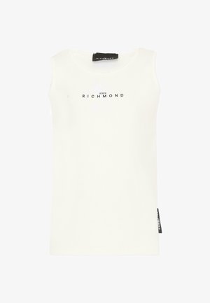 Witte mouwloze shirt met "John Richmond" in het zwart gedrukt over de borst en een zwart label bij de halslijn en de zijnaad.