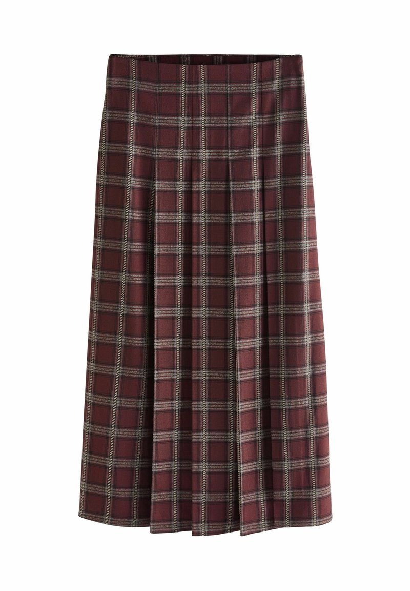 Jupe plissée mi-longue avec motif à carreaux bordeaux, noir et blanc sur fond blanc.