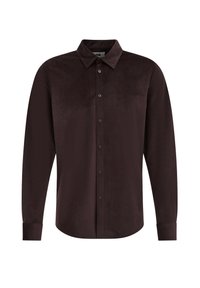 Camicia a maniche lunghe marrone scuro con un motivo testurizzato, apertura con bottoni e colletto appuntito. Caratterizzata da polsini con bottoni e un design dalla vestibilità rilassata.