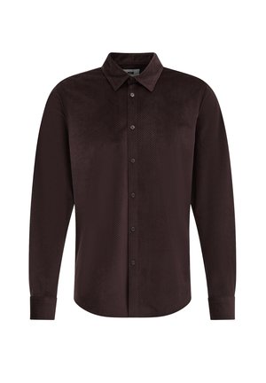 Camicia a maniche lunghe marrone scuro con un motivo testurizzato, apertura con bottoni e colletto appuntito. Caratterizzata da polsini con bottoni e un design dalla vestibilità rilassata.