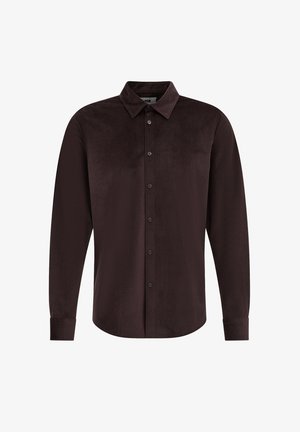 Dark brown long-sleeve shirt with a textured pattern, button front, and pointed collar. Features buttoned cuffs and a relaxed fit design.