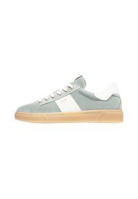 Green suede sneaker with white leather accents, beige rubber sole, round toe, and lace-up design. Features a logo on the side panel.