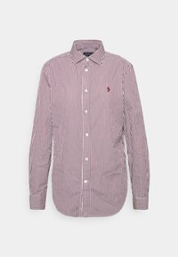 Camisa de manga larga a rayas rojas y blancas con collar de botones, que presenta un pequeño logotipo bordado, tejido de algodón suave y costuras parejas.