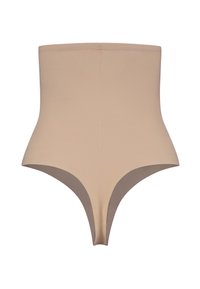 Shapewear a vita alta in nude con finitura liscia. Presenta un design senza cuciture e una vita elastica per comfort e supporto.