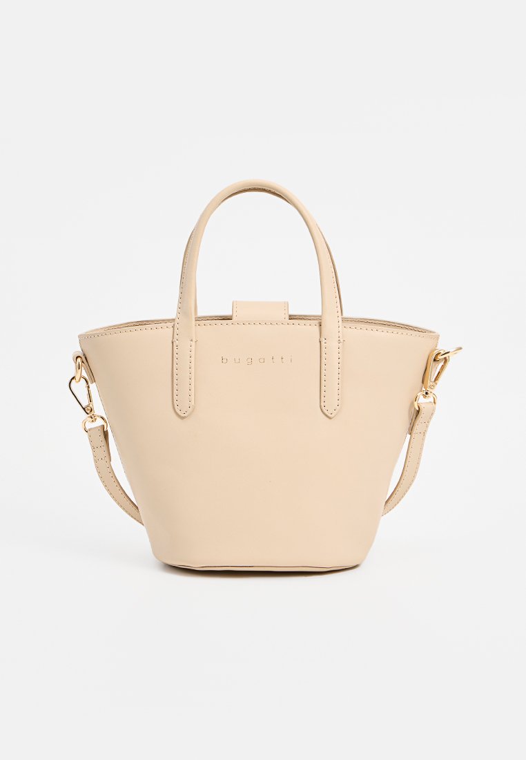 Beige Lederhandtasche mit runder Form, kurzen Griffen und einem abnehmbaren Schulterriemen. Verfügt über ein geprägtes Logo und minimale Nähte.