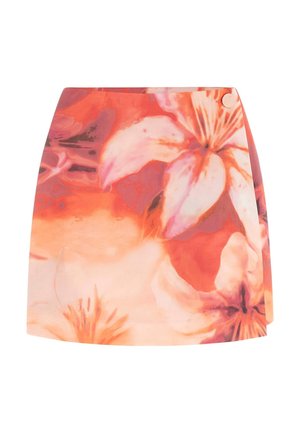 Gonna corta a portafoglio floreale con grandi pattern di gigli arancioni e rosa e chiusura laterale con bottoni.